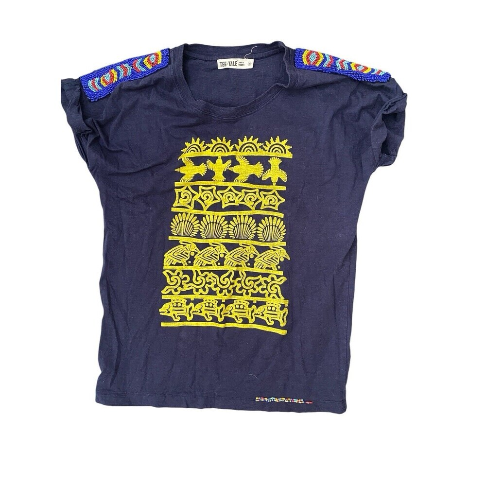 Beaded Native American Western Cowgirl Bird Sun Fish Navy Graphic T Size M
